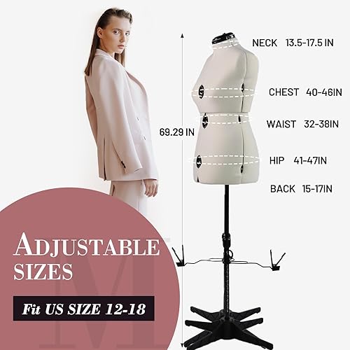 Miniatura 5 de MNOXBCCO Formas de vestido para costura, maniquí femenino beige ajustable talla 12-18, cuerpo de modelo que se puede alfiletear con 13 diales y guía
