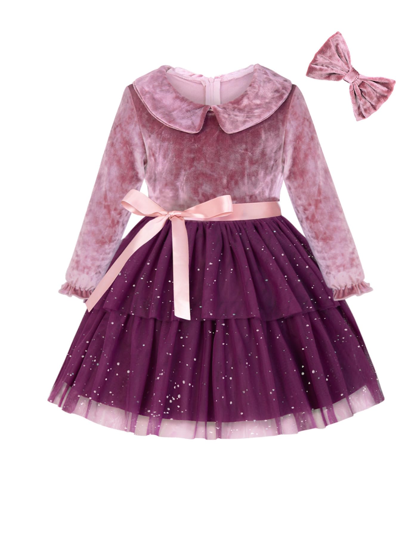 Enlifety2-6T Toddler Girls Tulle Dress Long Sleeve Velvet Dresses with Headband for Special Occasion