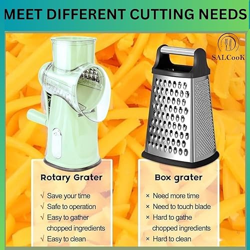 Miniatura 6 de Rallador de queso giratorio manual 5 en 1 con asa, cuchillas reemplazables de acero inoxidable para cortar, triturar, moler y cortes ondulados, base