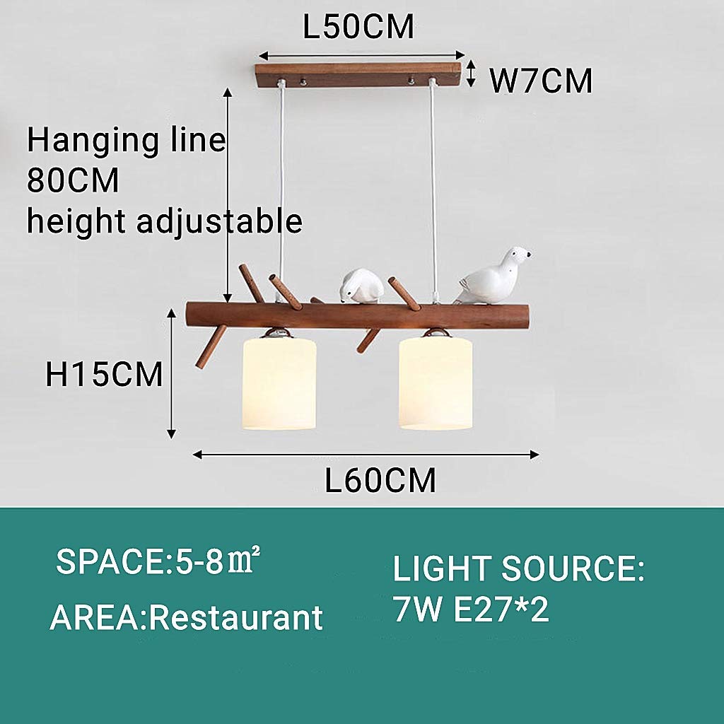 Wisząca lampa Mały ptak Wisząca lampa E27 Nowoczesny drewniany żyrandol sufitowy Prosty szklany stół jadalny Restauracja Sypialnia Oświetlenie Wysokość regulowana, 2 głowice