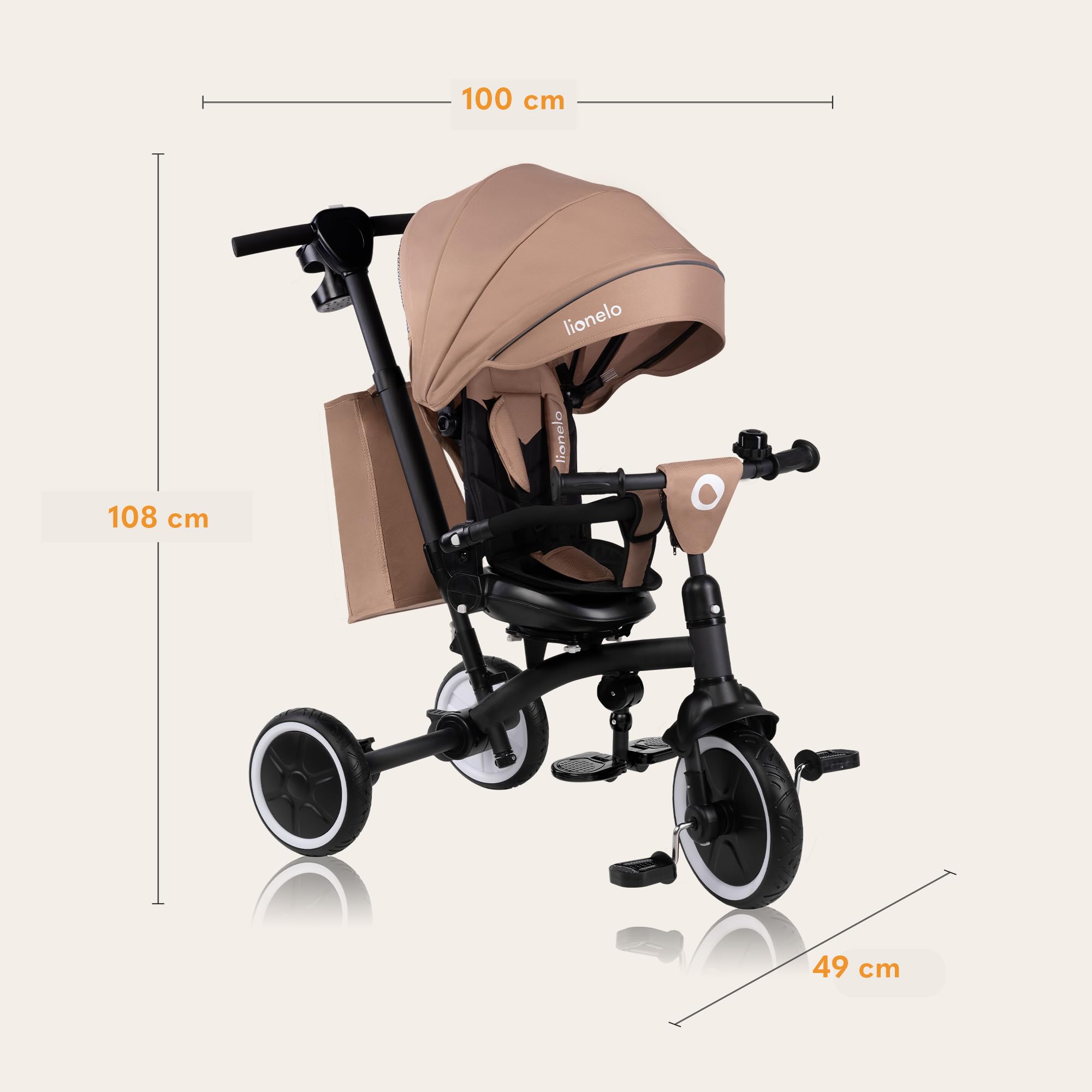 LIONELO Tris Plus Tricycle Multifonctionnel de 9 Mois à 5 Ans jusqu'à 25 kg, Poussette bébé, Grandes Roues en PU Siège Pivotant Dossier Réglable à360° Réglage Dossier sans Outils