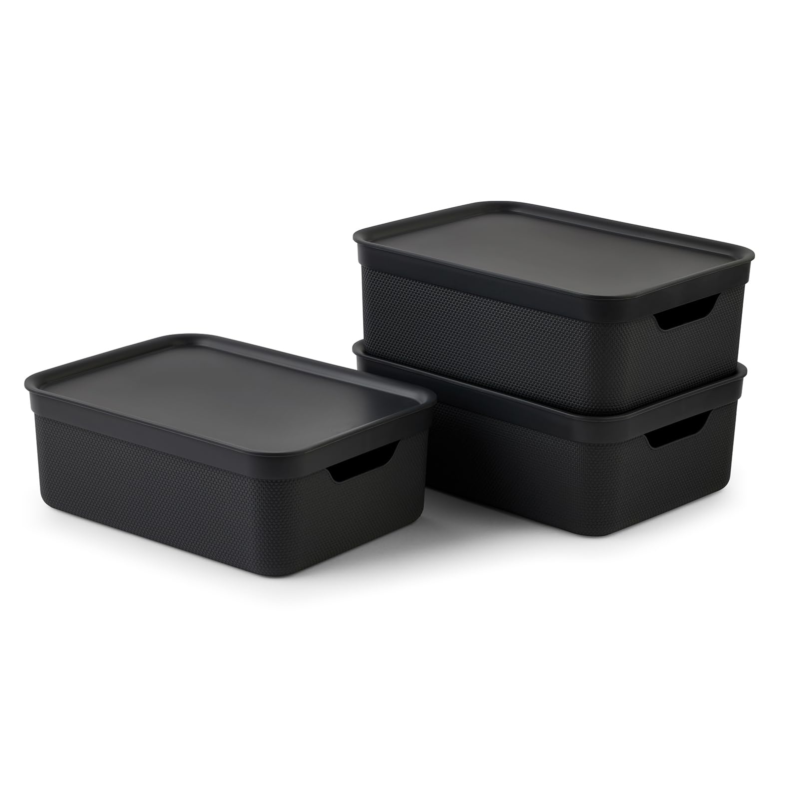 Rotho Jive Dekobox Set of 3 storage box 10l with lid, Plastic (PP recycled), 10l (37.5 x 27.8 x 13.5 cm), Black