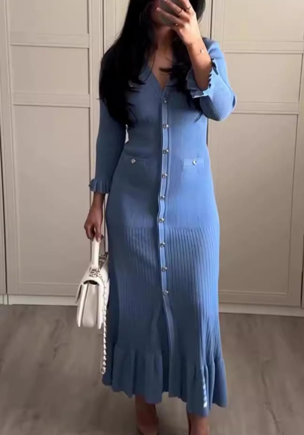 LAJIOJIO Sexy Long Sleeve Knit Sweater Dress, Winter Button V Neck Pleated Long Dresses for Women - Image 7