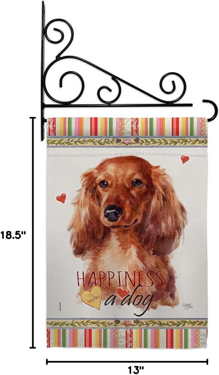 Long Hair Dachshund Happiness Garden Flag Set Wall Holder Animals Dog Puppy Spoiled Paw Canine Fur Pet Nature Farm Animal Creature Small Gift Yard House Banner Double-Sided Made In USA 13 X 18.5