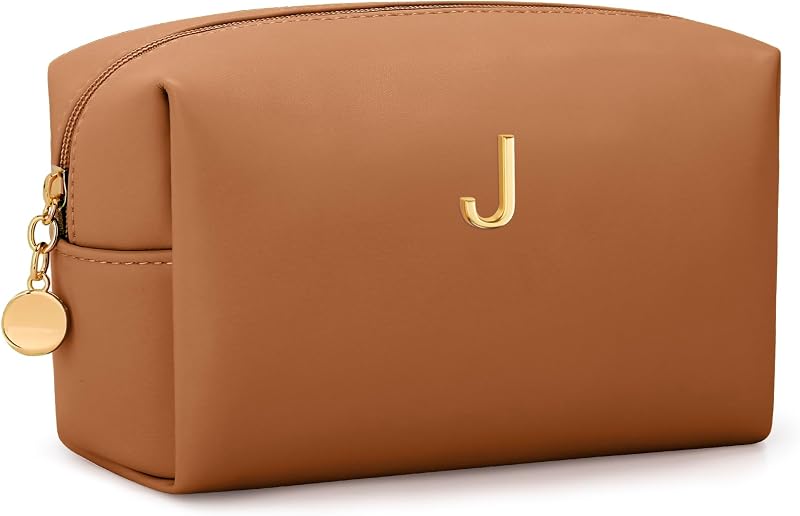 Necessaire de maquiagem CLOUDWINGS marrom com inicial metálica, estilo J