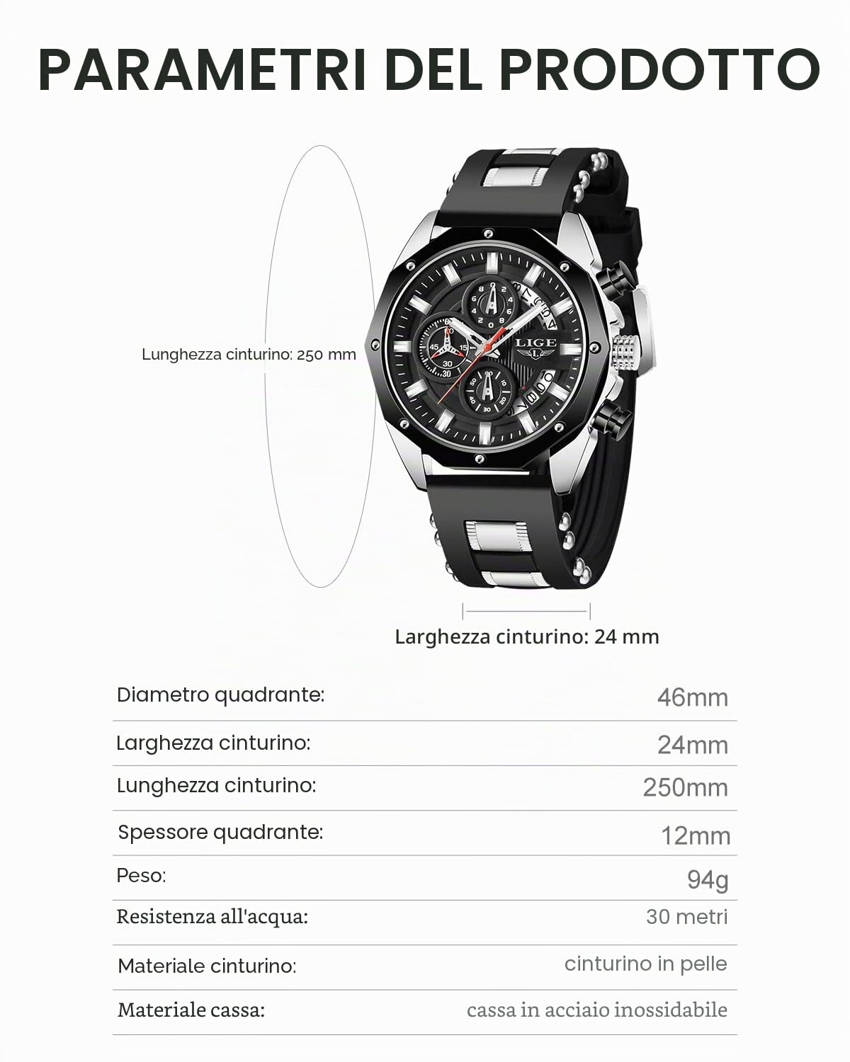 LIGE Orologio da uomo alla moda, cronografo in acciaio inossidabile, impermeabile, analogico, al quarzo, luminoso, quadrante sportivo classico, orologio