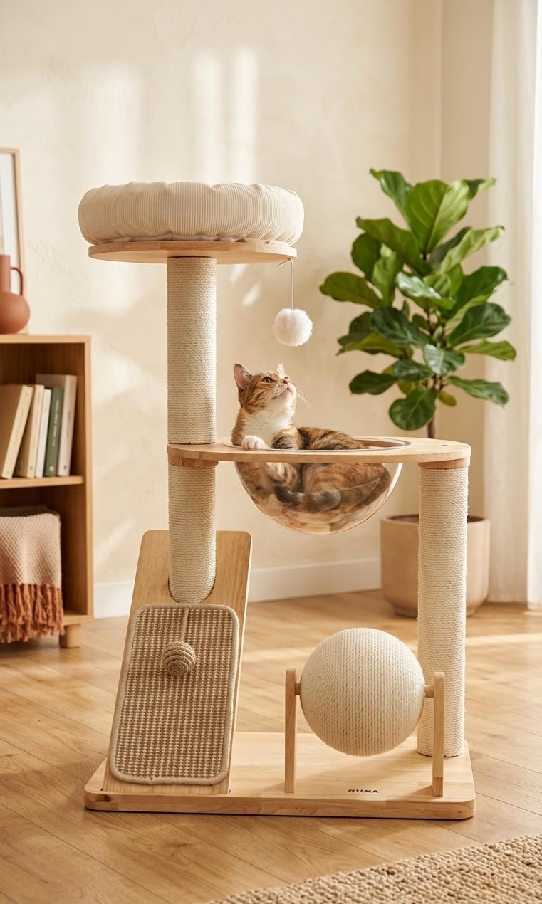 Torre Rascador, Arbol para Gatos, de Madera y Sisal, con Hamaca Transparente, Cama Redonda, Rascador y Bola