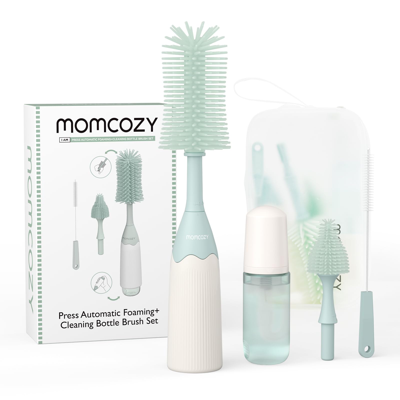 momcozyInnovative Baby Bottle Brush Set, Press-to-foam Design for Ease of Clean, 2 Brush Head Replacements for Complete & Better Bottle Cleaning, Baby Bottle Cleaner Kit with Straw Brush
