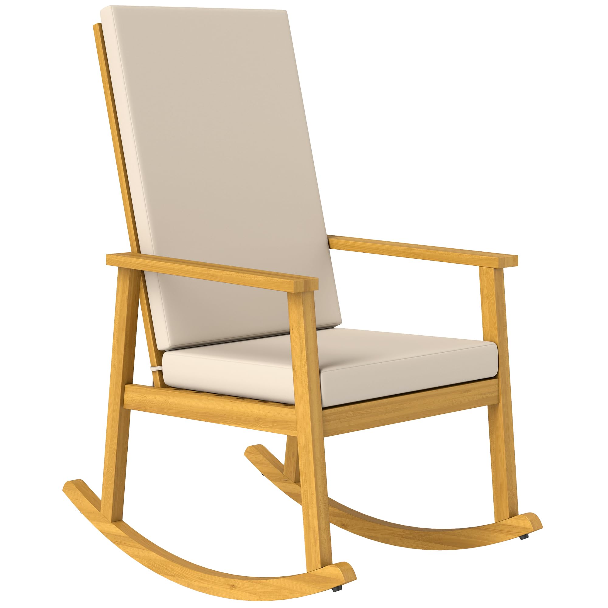 Outsunny Schaukelstuhl aus Akazienholz Schaukelsessel mit hoher Rückenlehne Kissen, Gartenstuhl bis 160 kg Outdoor Relaxstuhl Schwingsessel für Garten Balkon Hof Terrasse 60 x 89 x 107 cm Beige