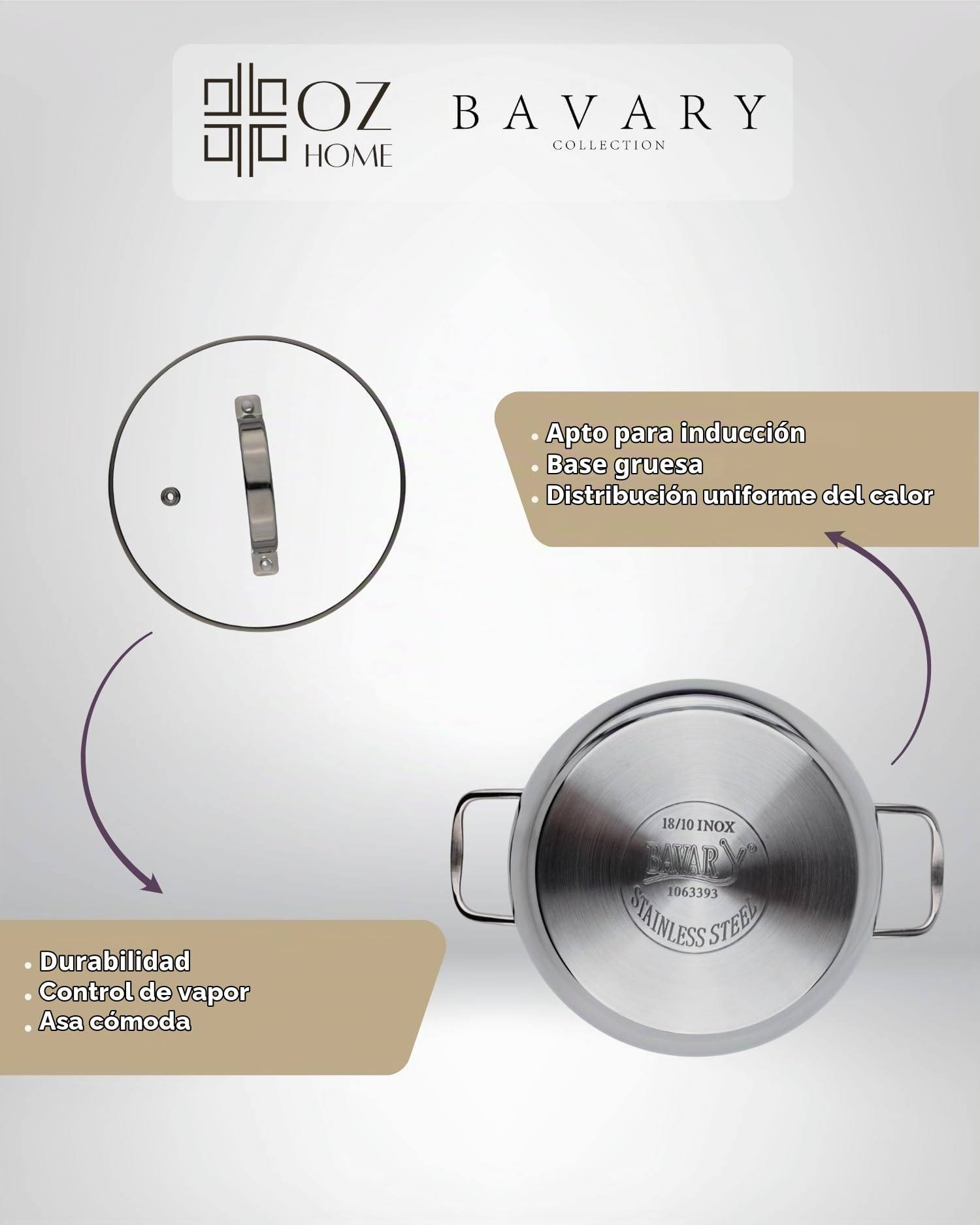 Bavary Bateria De Cocina 8 Pzs - Juego De Ollas Y Sartenes, 18/10 Ollas Acero Inoxidable - Cacerolas De Cocina Induccion - Cazo Cocina, Tapas Vidrio,Capsulado,Eco,Apilable - Todo Fuego Ceran/Gas