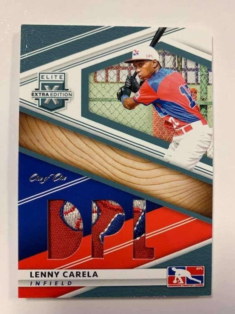2020 Panini Elite Extra Edition DPL Material Platinum #7 Lenny Carela Jersey/Relic SER/1 Dominican Prospect League Draft/Prospect/Pre Rookie Baseball Trading Card in Raw (NM Near Mint) or Better Condition