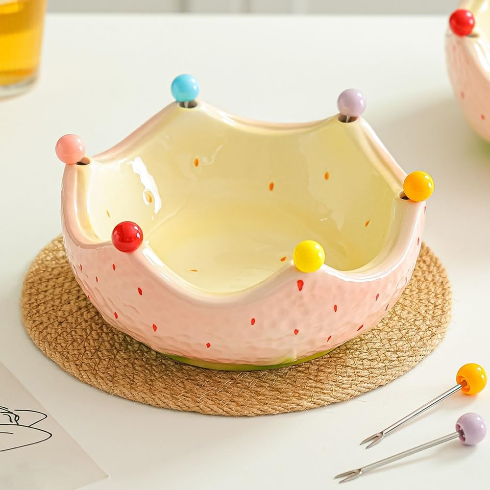 Obstschale Obstschale aus Keramik mit integrierten Gabeln, farbenfrohen, erdbeerförmigen Perlenspießen, Weintrauben und Beeren Obstschalen