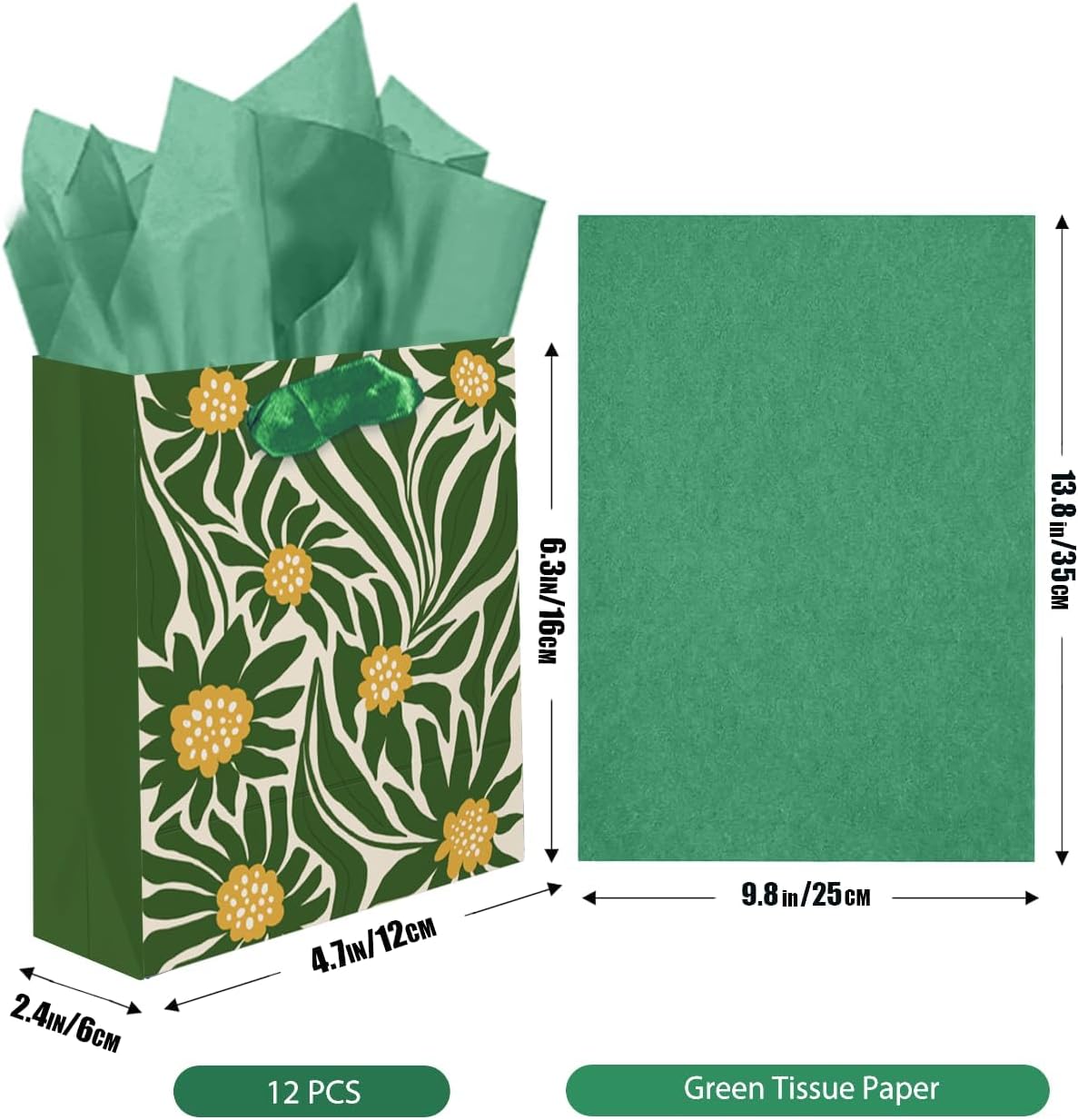 qiqee 7.9"x4.3"x9.6" 24PCS Clash Flowers Paper Gift Bags with Tissue Paper Handles Medium Size Bags（ Tissue Paper ）
