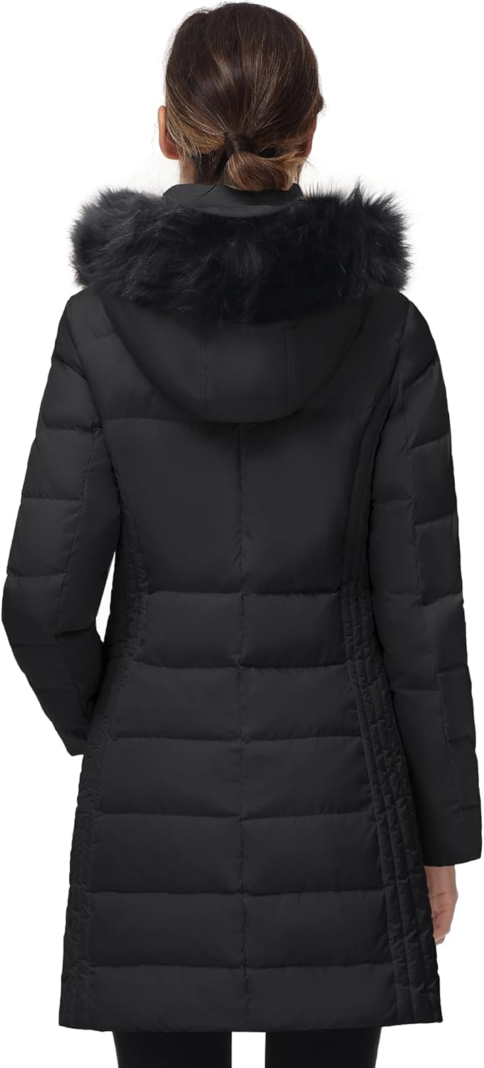 SLOW DOWN Women Winter Down Puffer Coat Warm Hooded Mid-Length Down Jacket for Women with Faux Fur Trim Hood and Pile Collar - Image 3