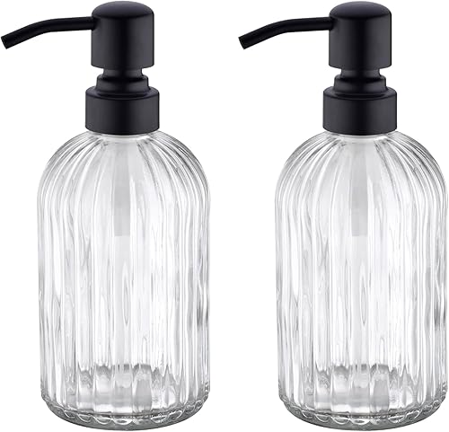 Avola 16Oz Vertical Stripes Glass Soap Dispenser with Matte Black Rust Proof Pum