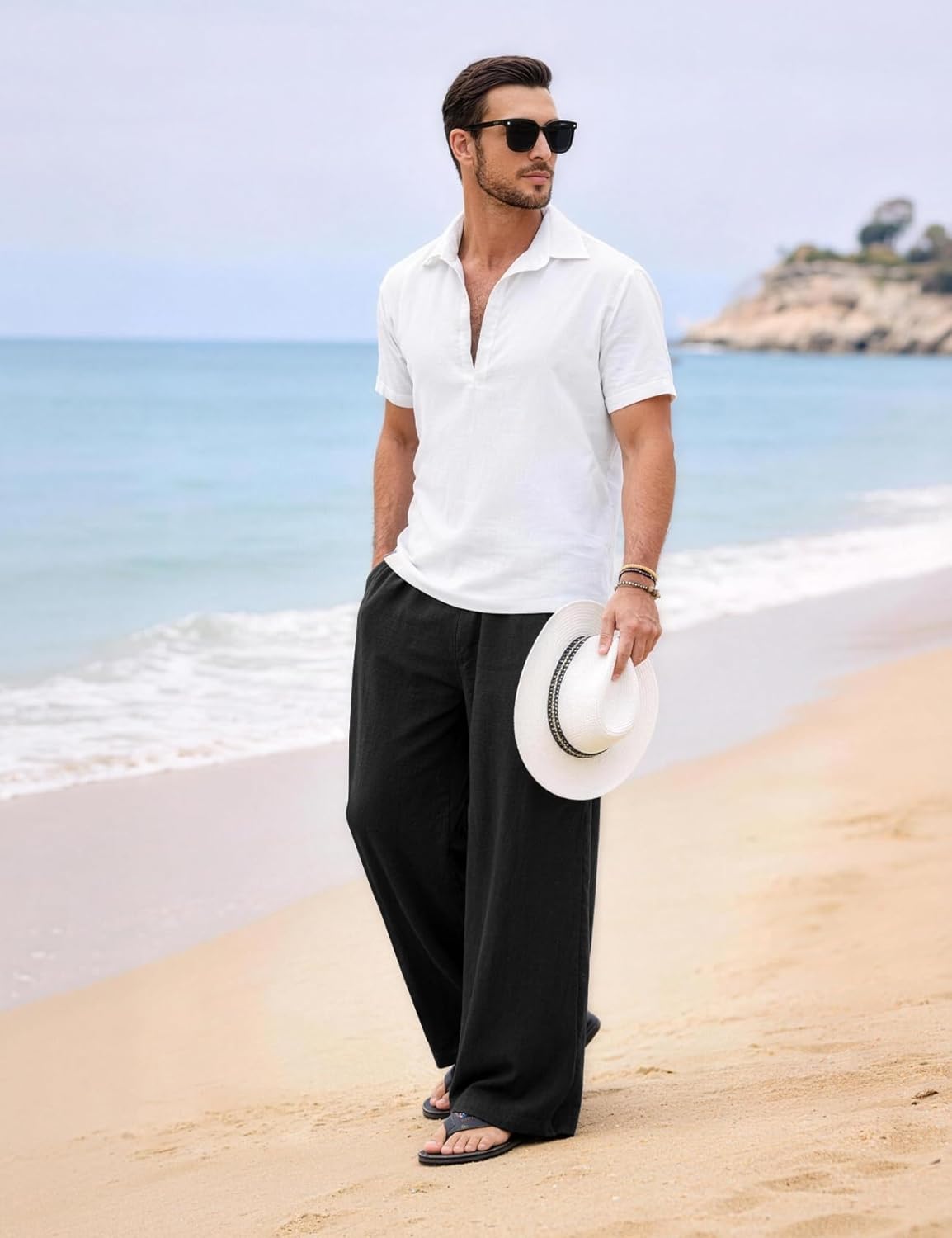 Flygo Linen Pants Men Casual Wide Leg Baggy Pants Summer Cotton Elastic Waist Yoga Beach Trousers