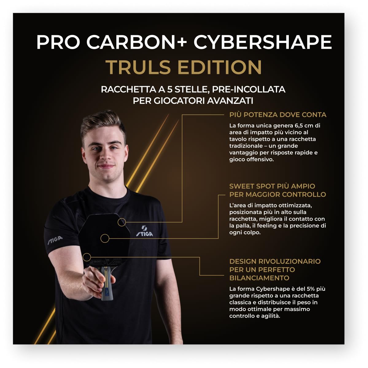 STIGA Pro Carbon Plus Cybershape Truls Edition Racchetta da Ping-Pong 5 stelle, Punto dolce esteso, Tecnologia Touch Carbon Technology, Gomma STAR5 Approvata da ITTF - Per Gioco Aggressivo