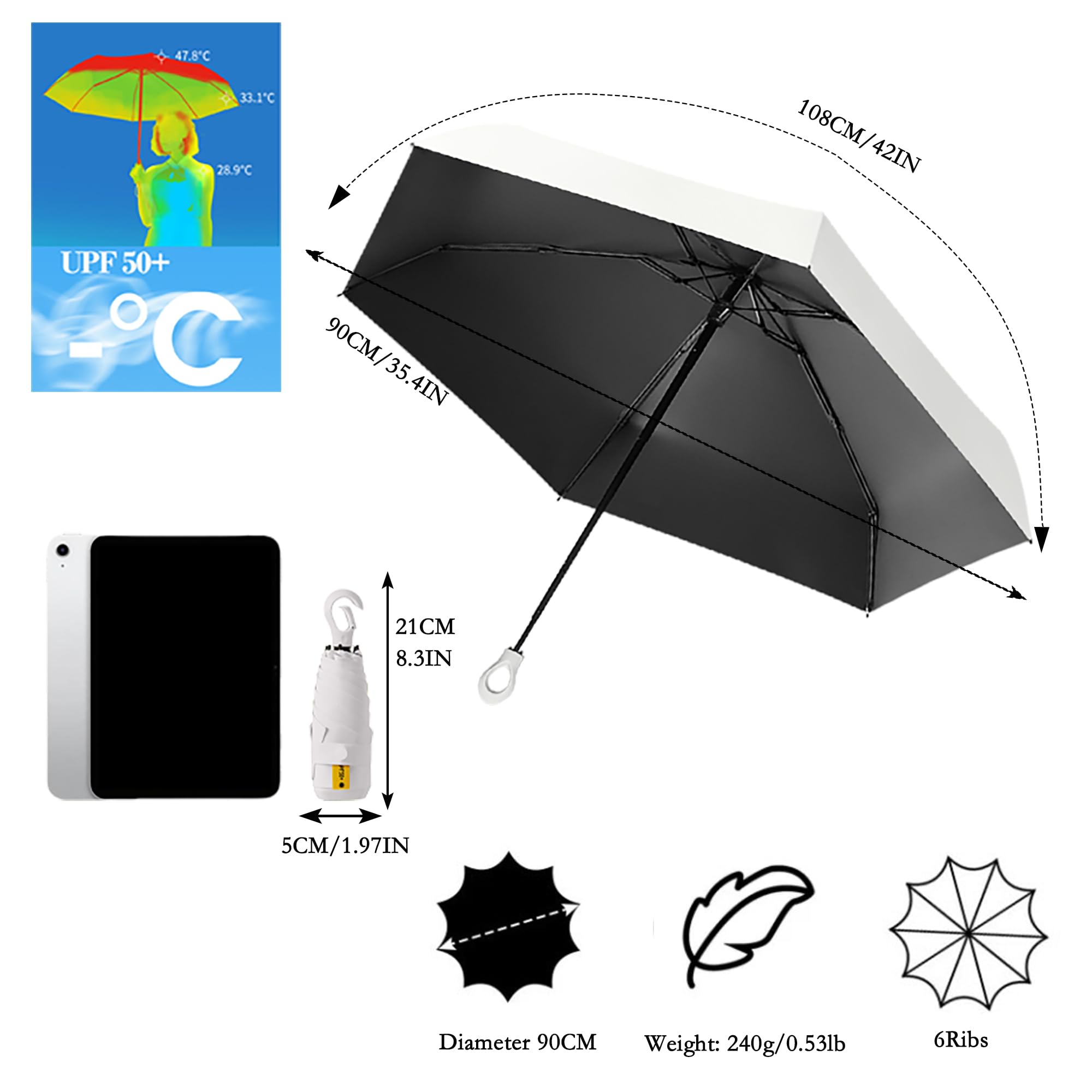 Mini Pliant Voyage Compact Poche Parapluie Avec Poignée Mousqueton,Femme Et Enfant,Soleil Et Pluie,Ultra Léger,Côtes En Fibre De Verre,UPF 50+ Protection UV