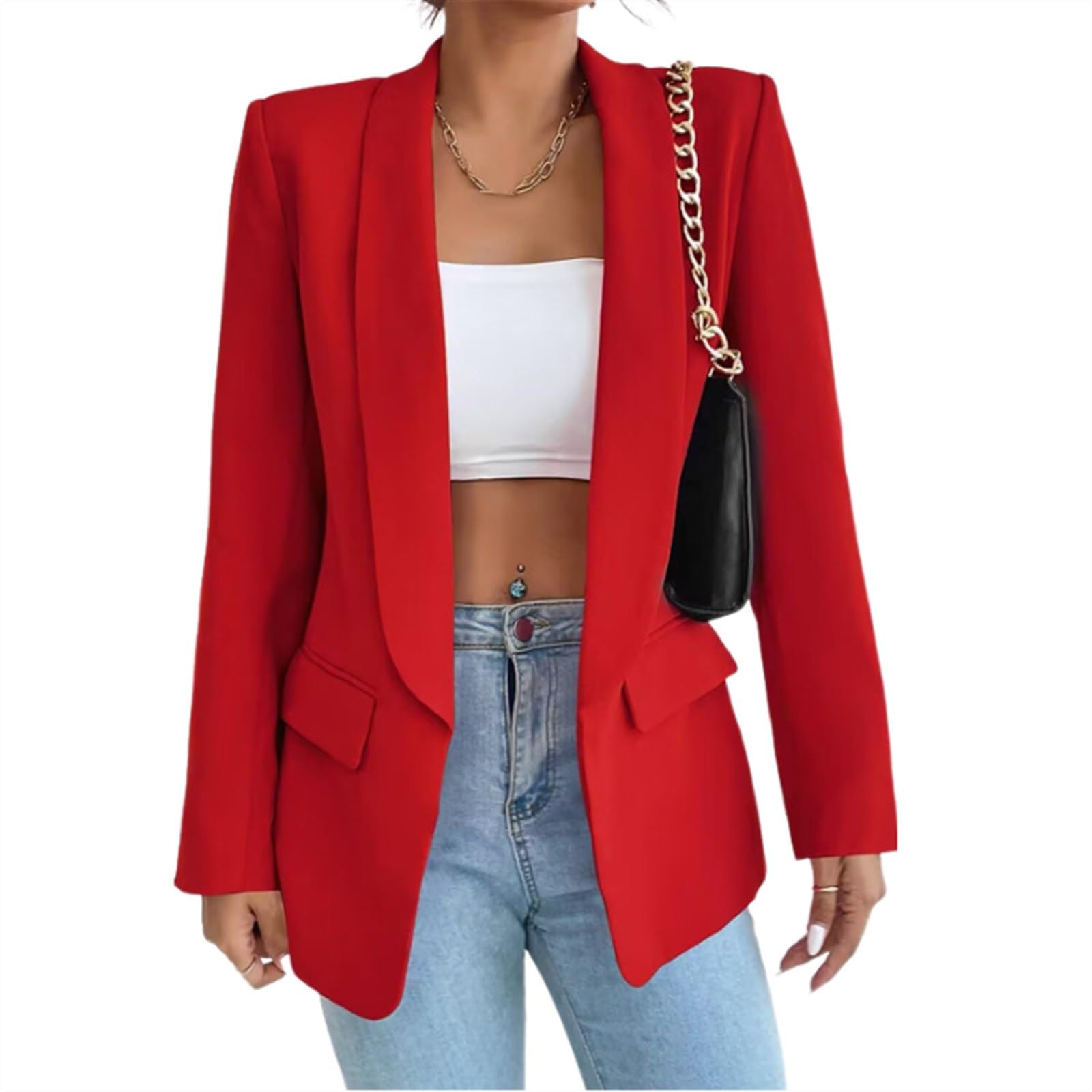 Gerrit Women's Suit Sporty Elegant with Pockets Lapels Suit Jacket Open Front Cardigan Plain Slim Business Long Sleeve Office Jacket Chic Blazer for Wedding (Color : Red, Size : 3XL)