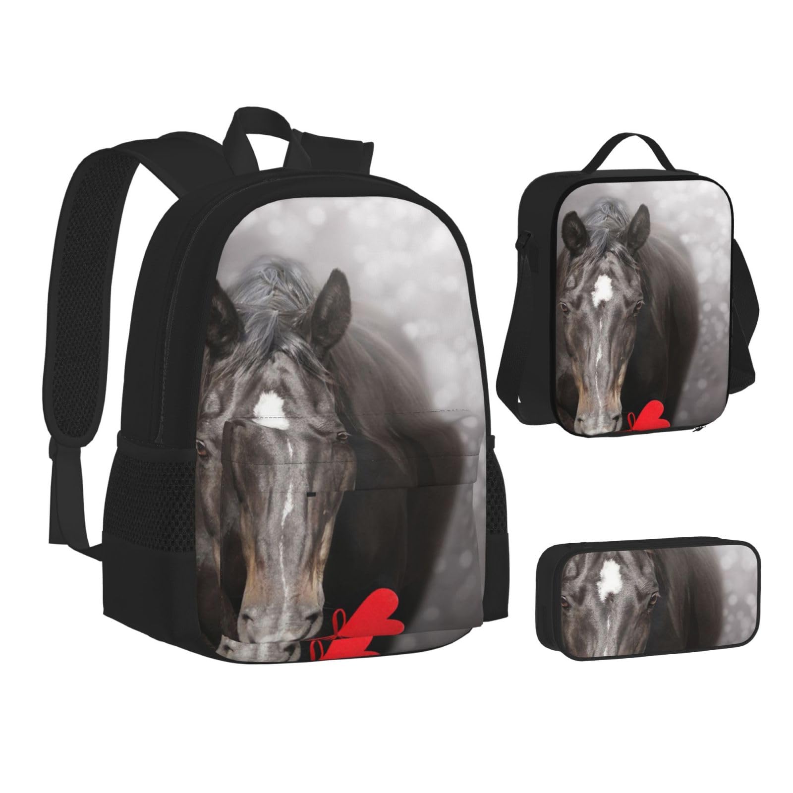 YSOLDA Juego de mochila, mochila escolar, mochila, juego de 3 piezas con bolsa de almuerzo, estuche para lápices,Caballo negro con corazón