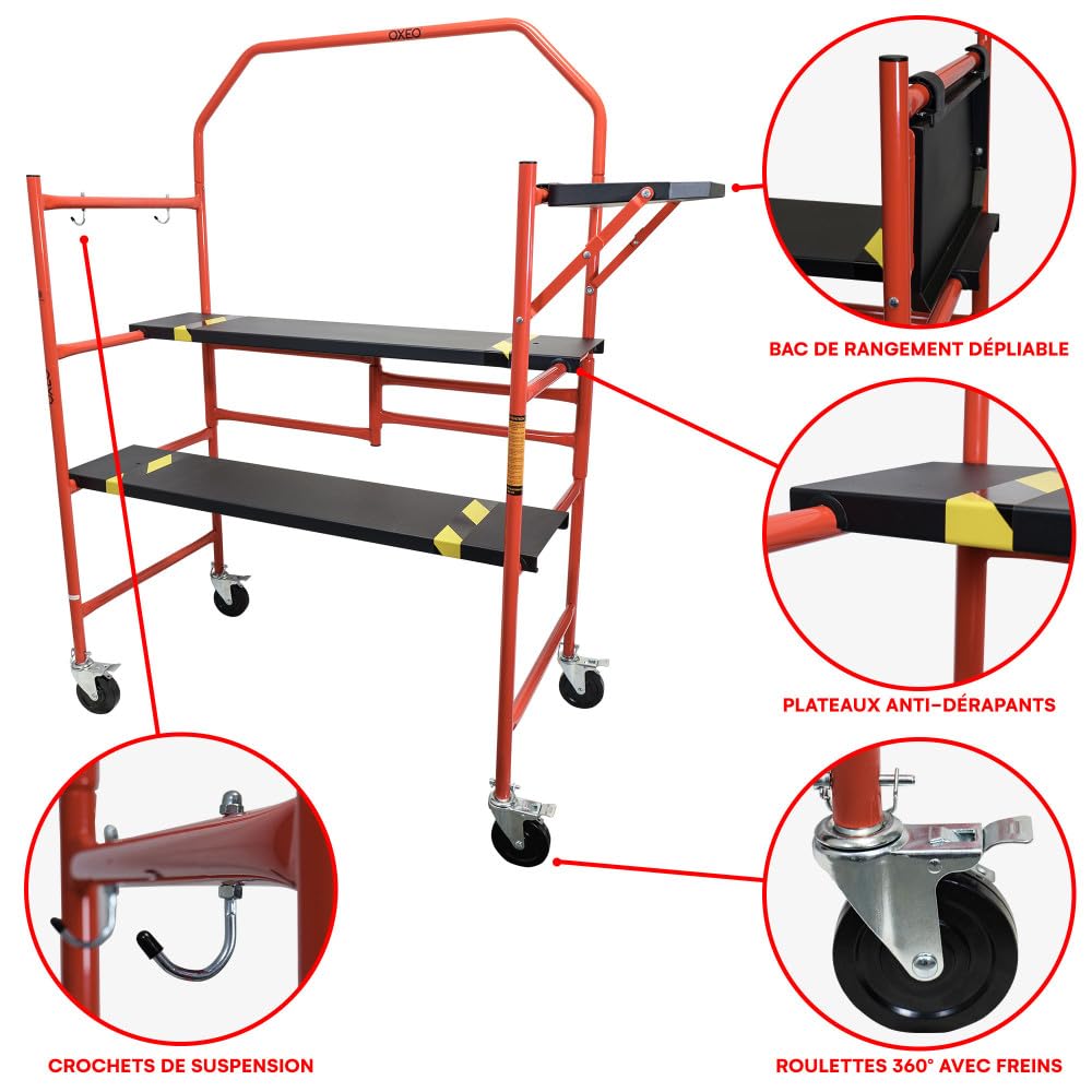 Echafaudage roulant - Pliable sur Roulettes - Hauteur de travail 85cm - Acier - 226kg