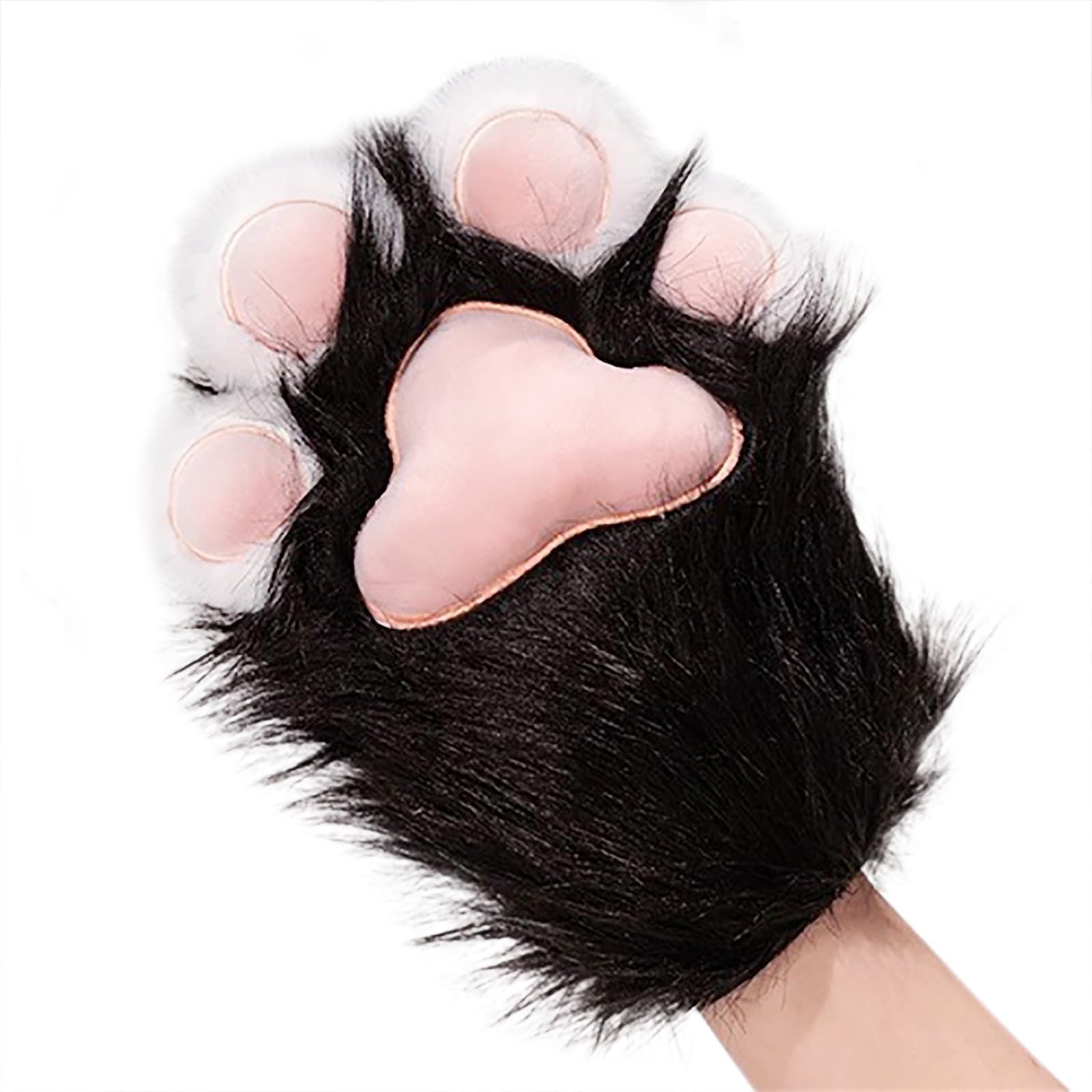 NICEYEA Faux Fur Plush Furry Cat Paw Gloves Cosplay Fursuit Paw Gloves Animal Cat Claw Mittens Halloween Cosplay Costume Accessories for Adult (Black & White