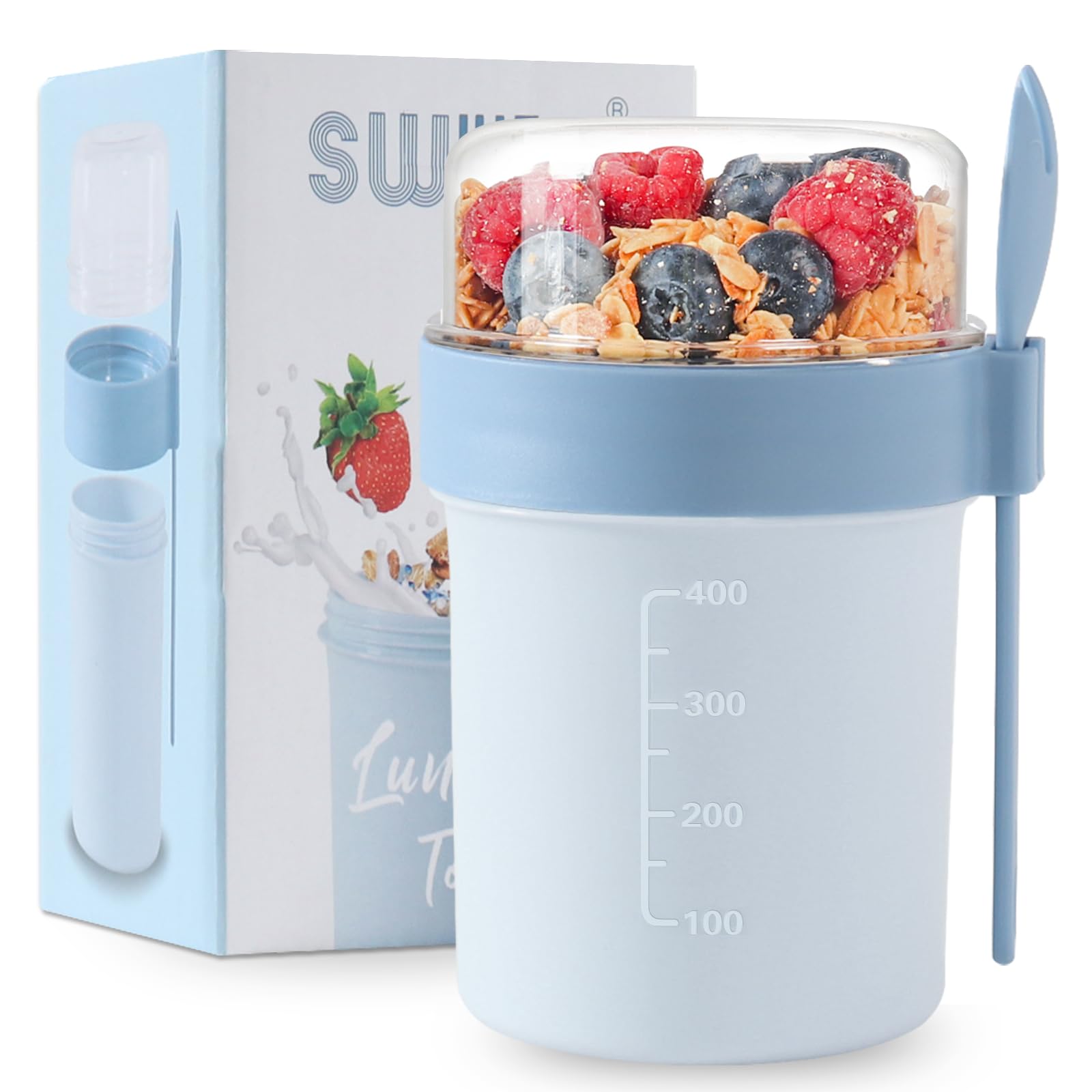 Swkien Müslibecher to go mit Löffel - Auslaufsicherer Joghurtbecher to go mit Unterteilung (560ml + 220ml) - Spülmaschinengeeignet & BPA-Frei - für Büro, Fitness, Schule, Reise - Nordic Blue