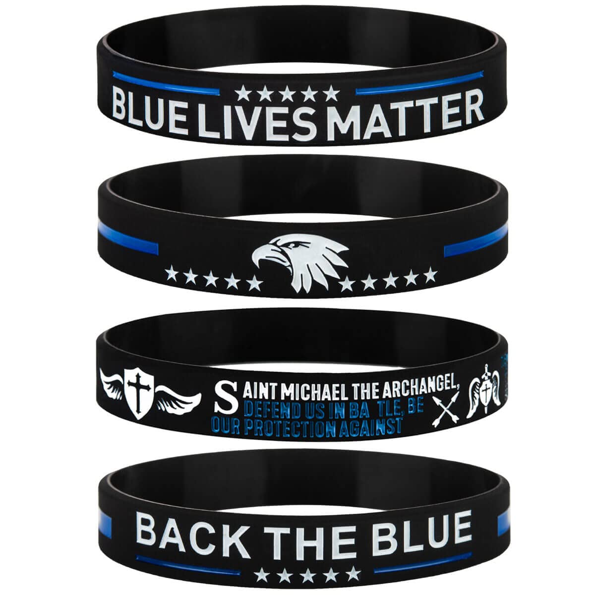 Blue Lives Matter Thin Blue Line Back The Blue Silicone Bracelets with St Michael The Archangel Prayer, American Flag, Eagle - Support Law Enforcement Inspirational Gifts for Police Cops