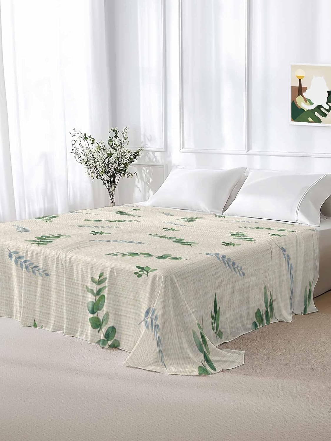 Top Sheet Twin XL Bedding Flat Sheet Only, Country Eucalyptus Retro Linen Microfiber Bed Sheets Soft Breathable Bedding Flat Sheets, Summer Leaves Plant Hotel Luxury Top Sheets