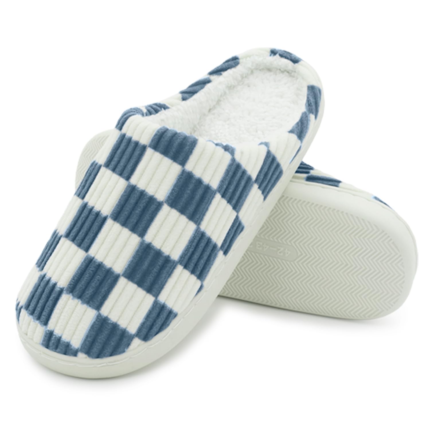 Women House Fuzzy Slippers - Plaid Scuff Checkered Slip-on Memory Foam Indoor Outdoor Comfortable Soft Slides