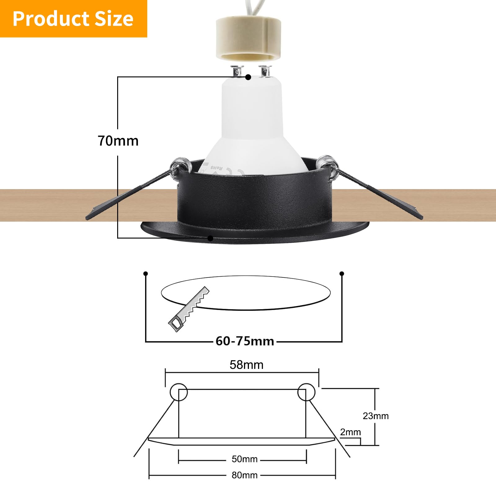 GeyouLux Reflektor LED do zabudowy 230V Rama z gniazdem GU10, czarne aluminiowe reflektory sufitowe, okrągłe płaskie reflektory łazienkowe rama montażowa 68 mm do GU1O/MR16 Zestaw 6 szt