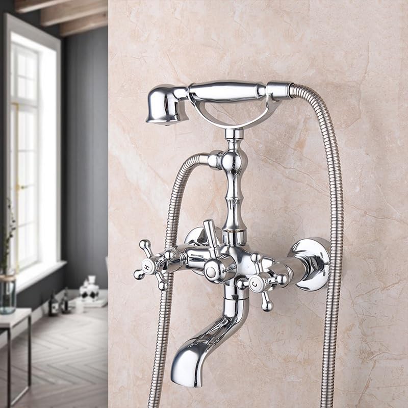 Grifo Bañera y Ducha Vintage Mezclador De Baño Y Ducha Con Ducha De Mano Grifo de Dos Manijas Grifo Mezclador Agua Fría y Caliente, Cromo
