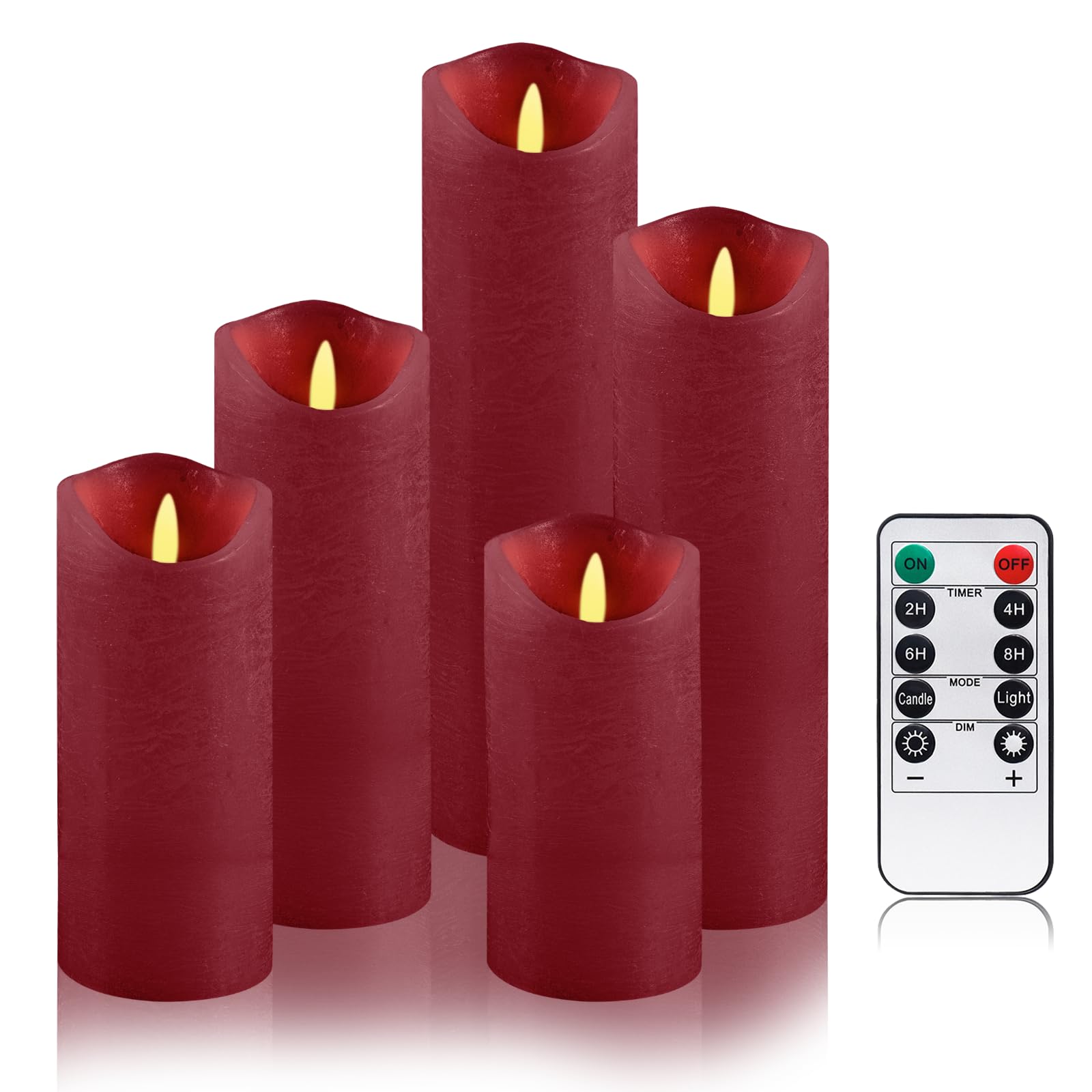 PinnWaa Velas LED, [Juego de 5] Velas Eléctricas y LED con batería de Cera Real sin Efecto llama, para Decoración, Bodas, Navidad, con Control Remoto y Función de Temporizador - Rojo