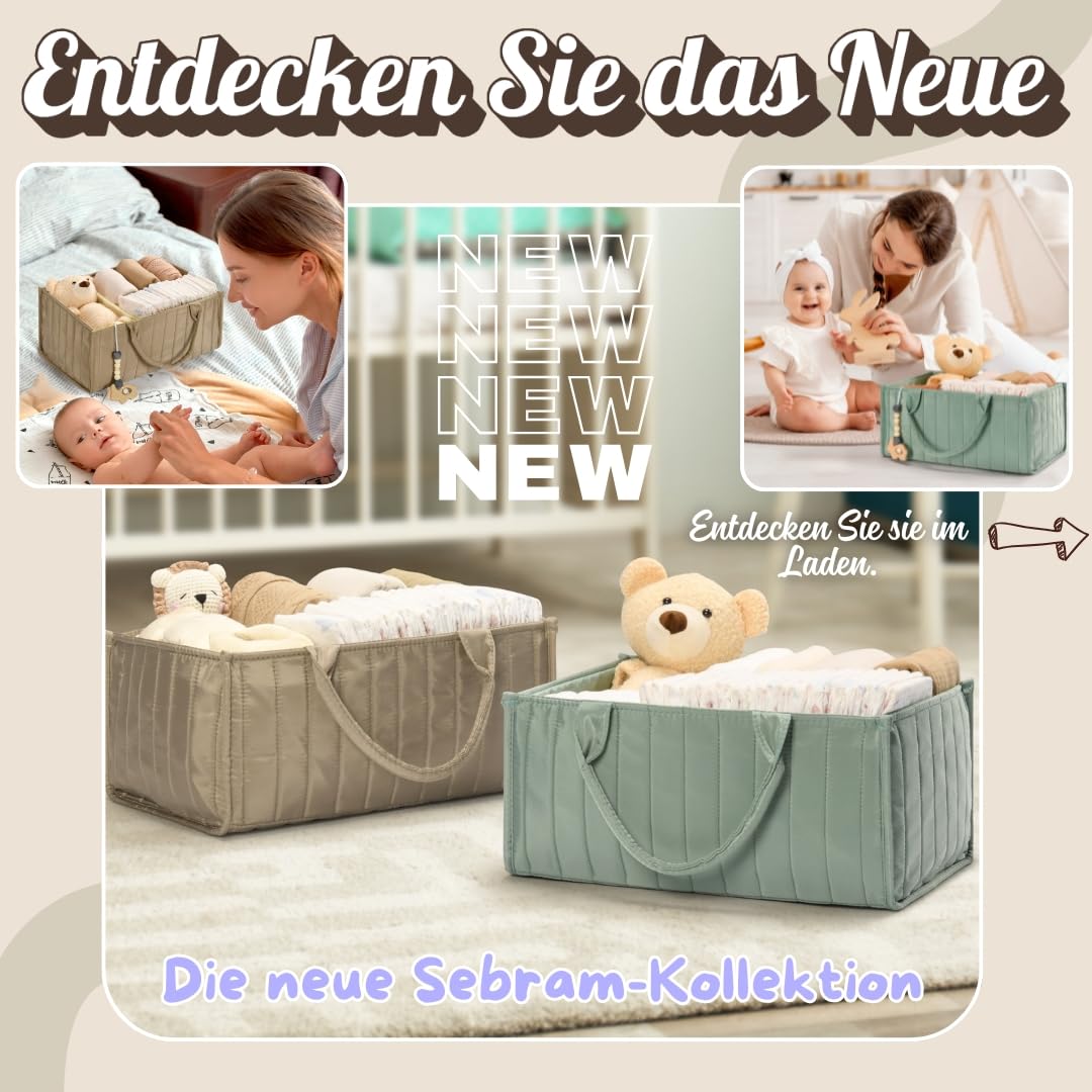 SEBRAM Wickelkorb Baby – Handgefertigte Wickelauflage mit Liebe, Wasserdichte Matratze und Tragetasche | Sicher & Schön fürs Babyzimmer – Farbe: Beige