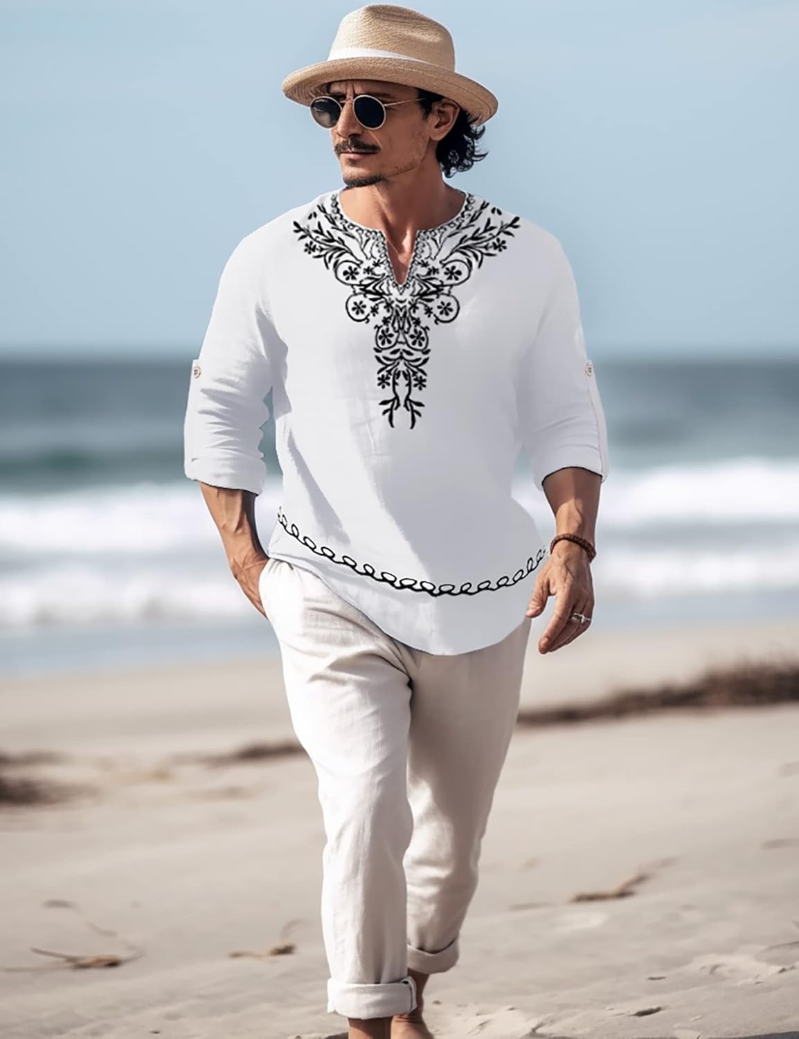 JoZorro Mens Polyester Linen V Neck Henley Shirt Long Sleeve Caftan Handmade Tunic Embroidered Casual Beach T Shirts - Image 2