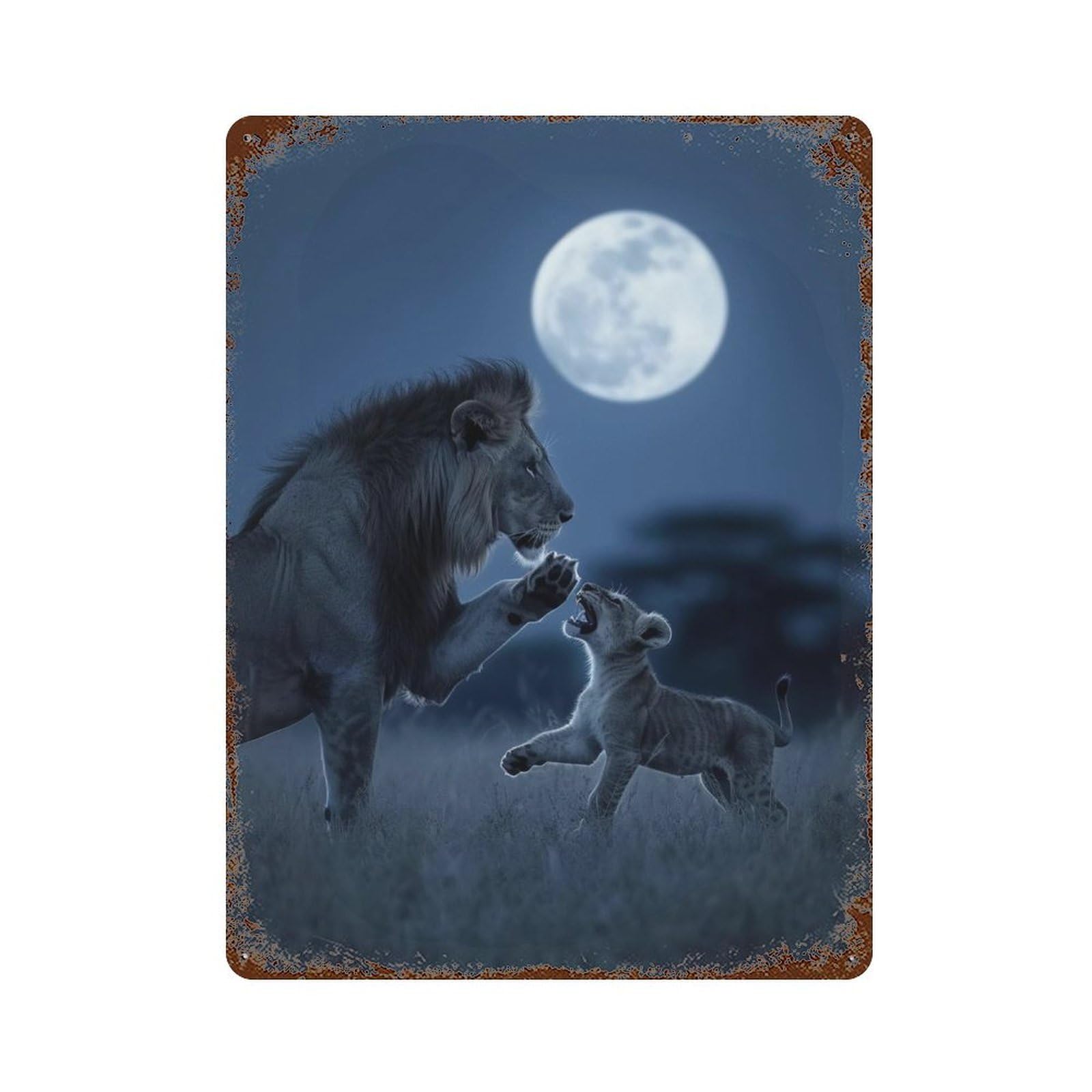 Rust Effect Lion Cub Playing Moonlight Aged Metal Wall Plaque 15.7"x11.8", Classic Wall Plaque for Basement, Hobby Room And Garage Decor