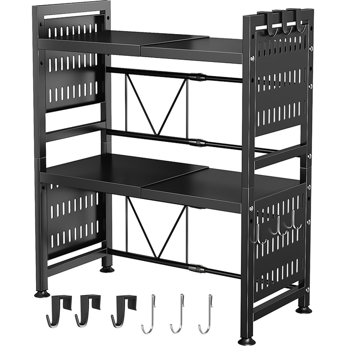 LUCKY KVW Microwave Shelf, Expandable Microwave Oven Rack, Microwave Stand, Upgraded Adjustable Shelf with Hooks Duty Extendable 3-Tier Shelf for Kitchen Shelves Counter Top Organizer