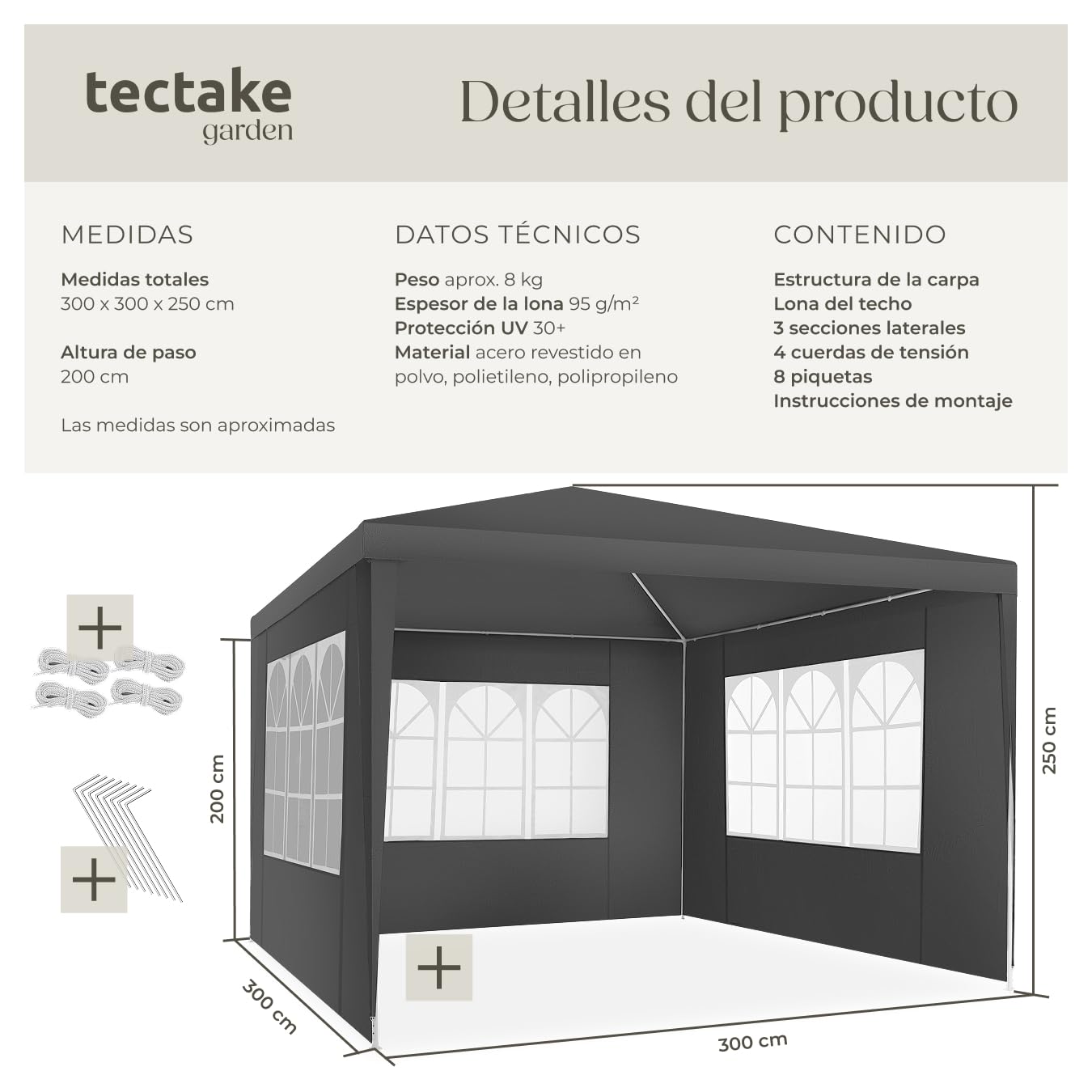 tectake® Carpa para jardín, Carpas para Exteriores Impermeables, cenador Jardin, toldo Playa, Carpa cenador, Carpas Jardin Exterior - 3x3m Gris