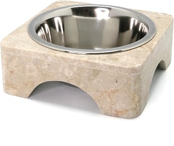 Creative Home Natural Champagne Arched Scalloped with 1.0 Qt. Stainless Steel Bowl Feeder Dish for Dogs Cats Food Water.