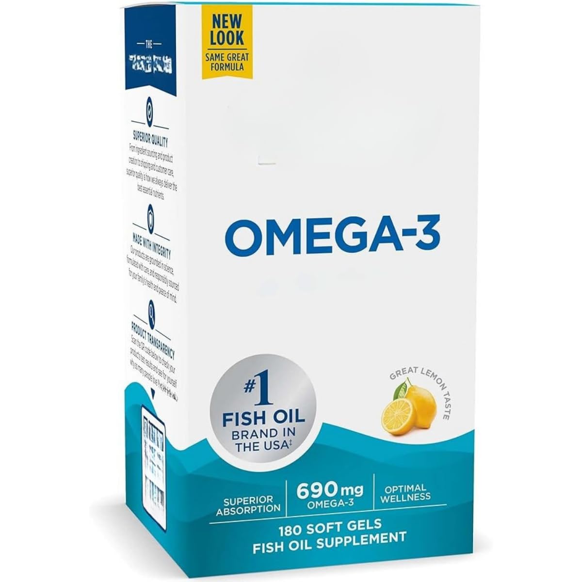 Omega-3 690 mg Softgel, assorbimento superiore, integratore di olio di pesce, aroma di limone, 180 pezzi per bottiglia