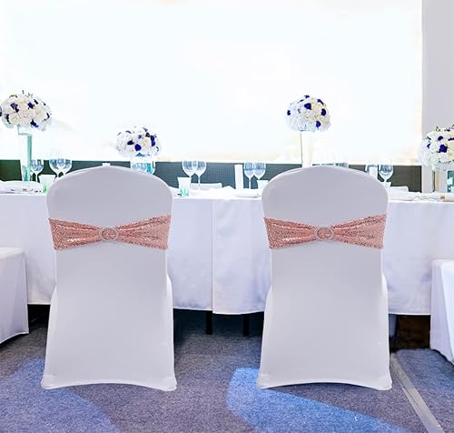 Miniatura 6 de Paquete de 100 bandas de lentejuelas para sillas de color oro rosa, lazos para sillas plegables de fiesta de boda, banda de oro rosa con hebillas