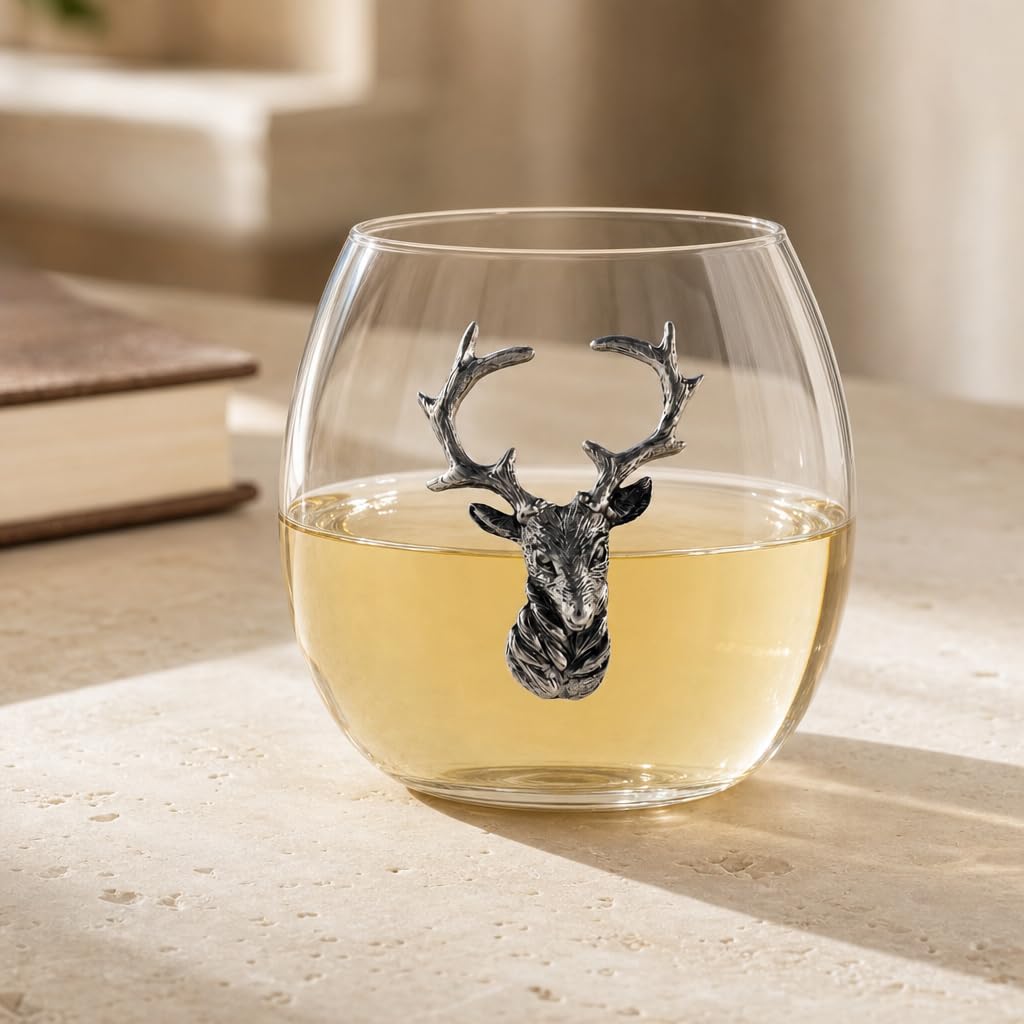 Vagabond House Copa de vino sin tallo de ciervo/alce, cristal soplado a mano de alta calidad, estilo cabaña, perfecta para vino rojo/blanco, 3.25 pulgadas de alto, 12 onzas, mejora tus degustaciones