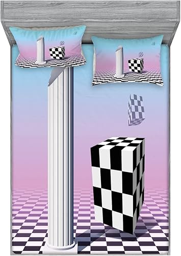 Ambesonne Synthwave 2 Pack Fitted Sheet & Pillow Sham Set, Vaporwave Pillar Cubes, 4 Pcs Bedding Decor, Package Contains 2 King Size Fitted Sheets &