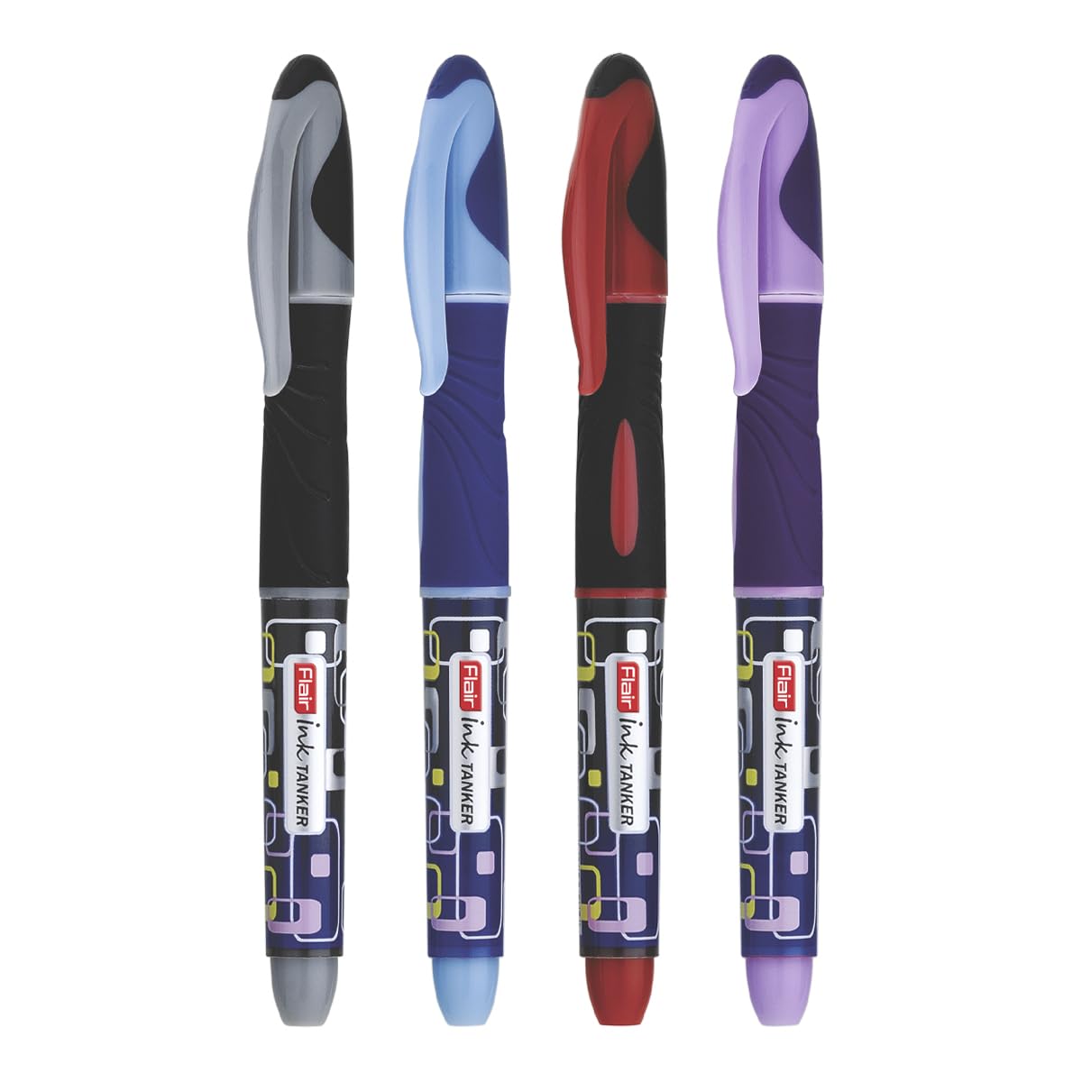 FLAIR Ink Tanker Liquid Ink Fountain Pen Blister Pack | Ergonomic Grip Makes It Easy To Hold | Attractive Design | Free 1 Piece Ink Barrel With Each Pack | Blue Ink, Pack of 4