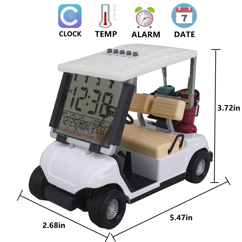 Mini reloj de carrito de golf para aficionados al golf, diseño de carrera, ideal como regalo para golfistas, carreras, regalos de golf (color blanco)