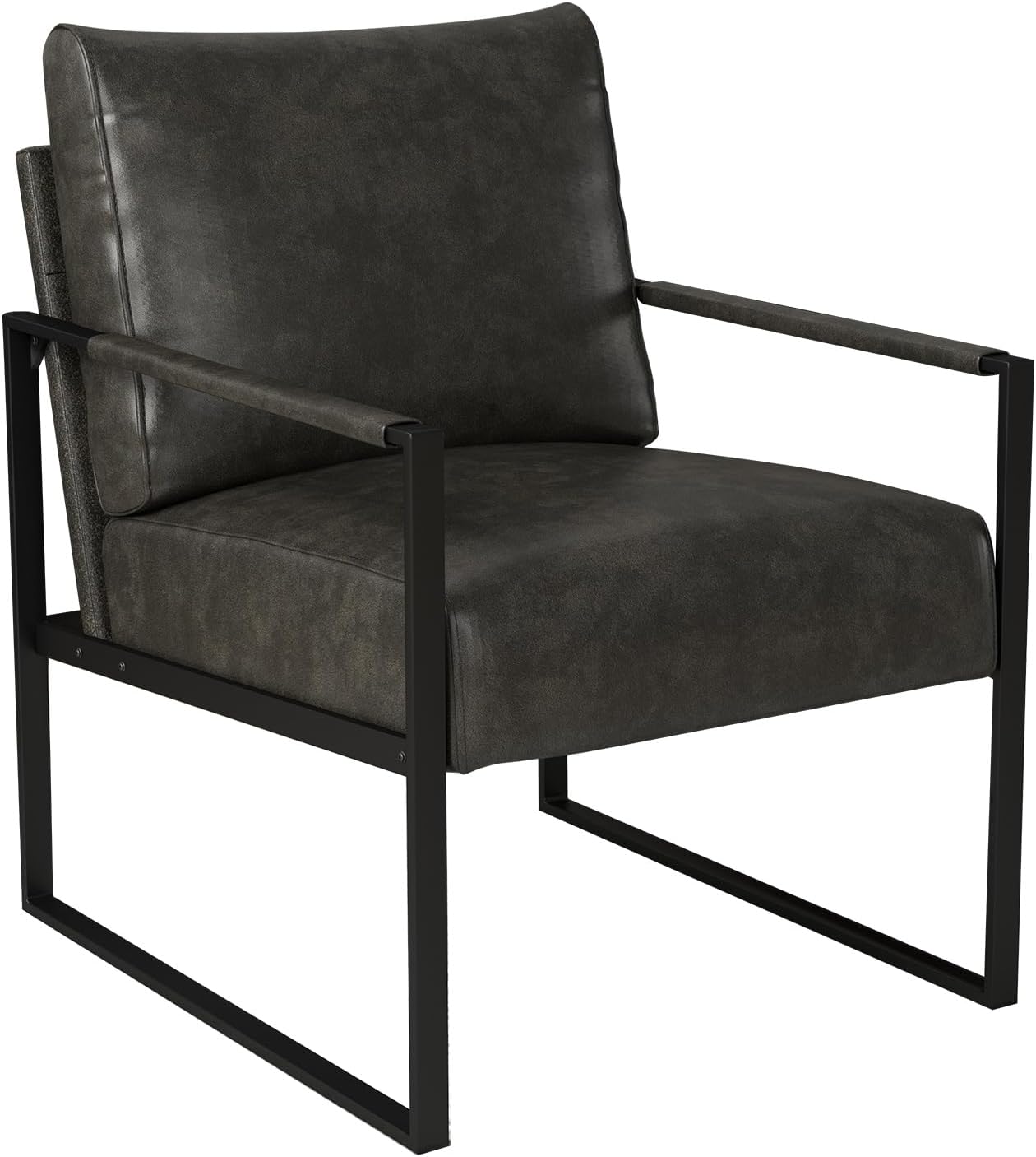 INZOY Leather Accent Chair with Metal Frame, Comfy Living Room Chair with Plump Cushion and Backrest, Mid Century Modern Chair with Sturdy Structure, Easy to Clean, Dark Grey