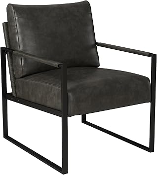 INZOY Leather Accent Chair with Metal Frame, Comfy Living Room Chair with Plump Cushion and Backrest, Mid Century Modern Chair with Sturdy Structure, Easy to Clean, Dark Grey