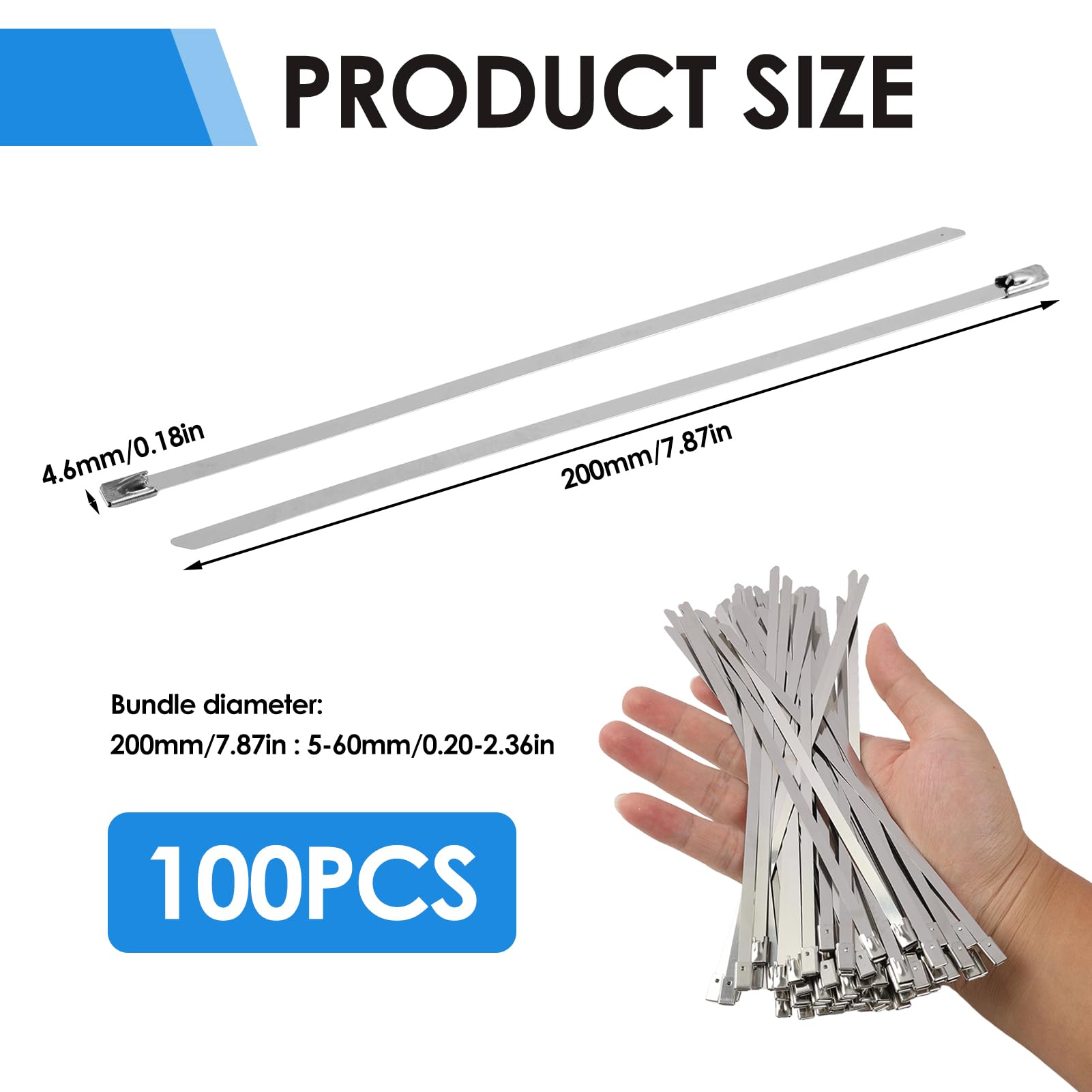 100PCS Chain Link Fence Ties, Metal Cable Ties, 304 Stainless Steel Zip Ties 4.6×200mm, for Fixed Fences Wire Fence Rolls - Image 2