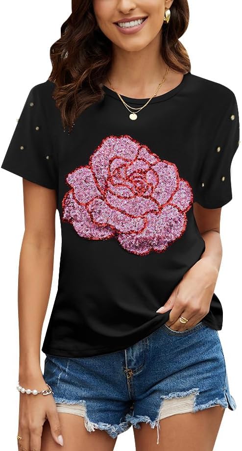 PESION Womens Short Sleeve T-Shirt Sequined Tops O-Neck Funny Graphic Tees Blouse