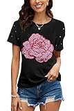 PESION Womens Black Sequin Bling Shirts Short Sleeves Sparkly Rose Tops T Shirts, Black+ Pink Rose, Large